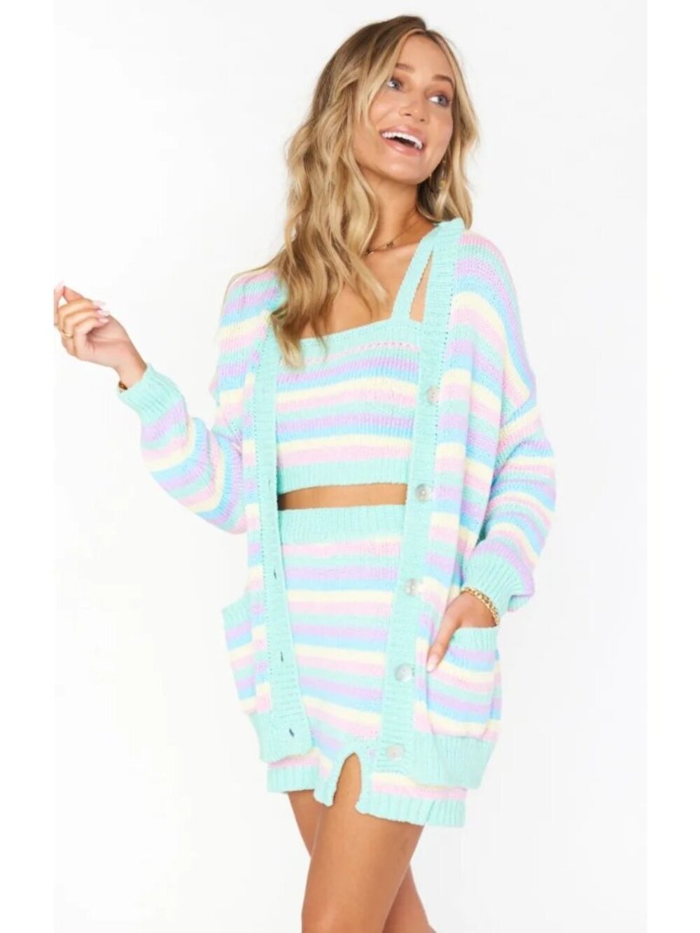 Show Me Your Mumu Pastel Striped Knit 3-Piece Set Cardigan Crop Top Mini Skirt S